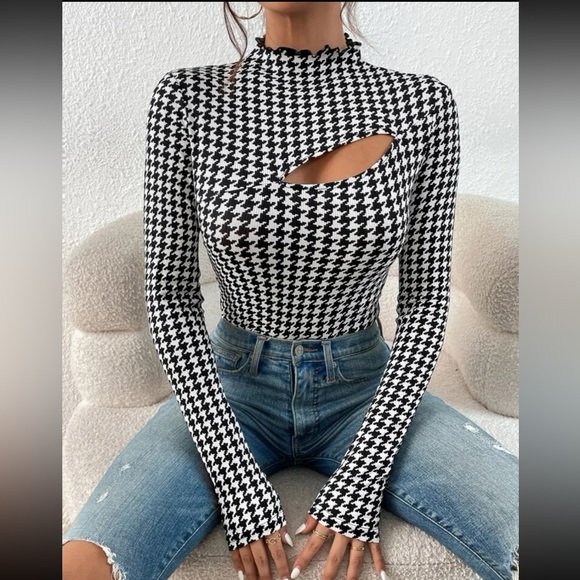 Classic Houndstooth Print Cut Out Front Mock Neck Bodysuit - Picture 1 of 9